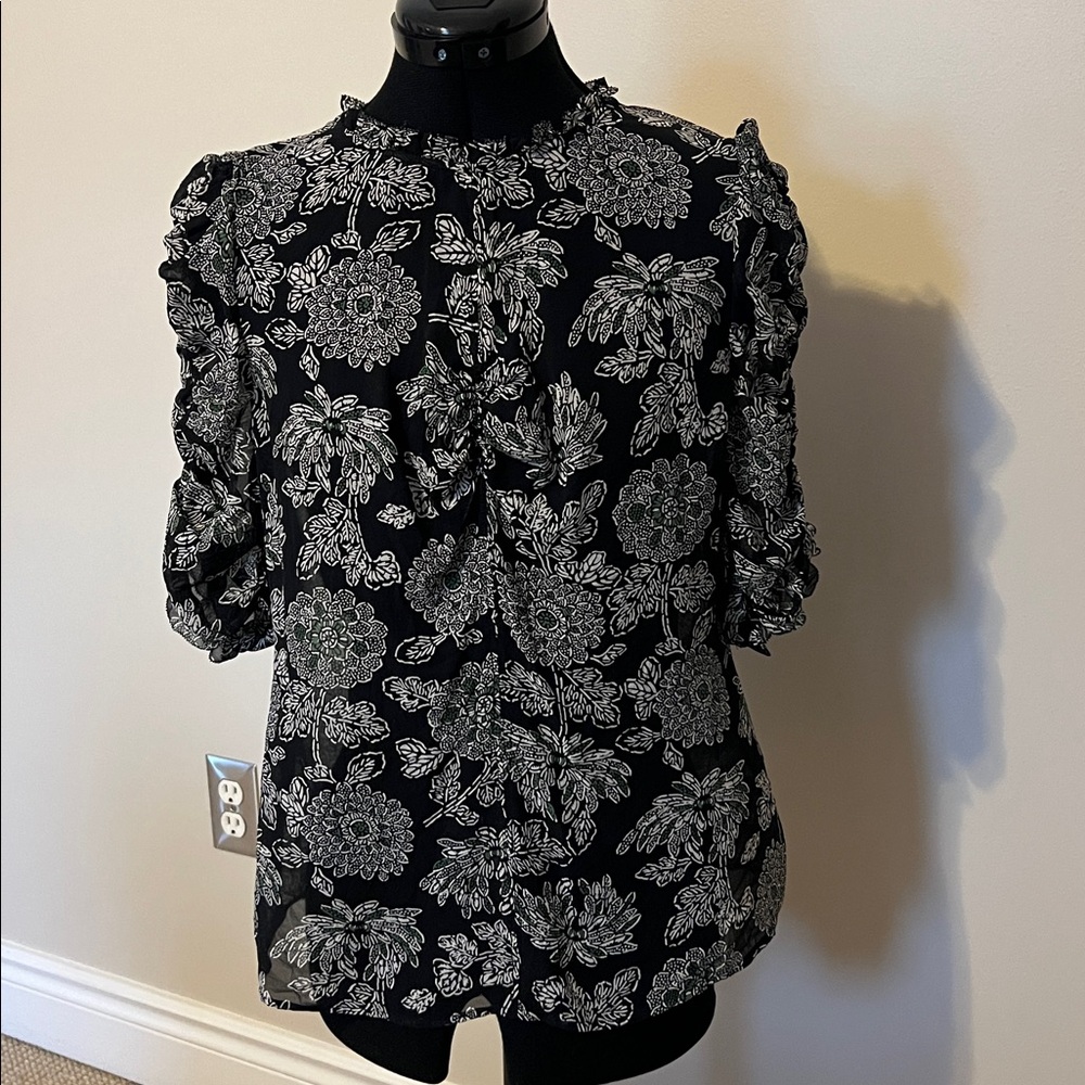 VERONICA BEARD Natuka Floral Print Sheer Ruffle Silk Blouse - Picture 5 of 12